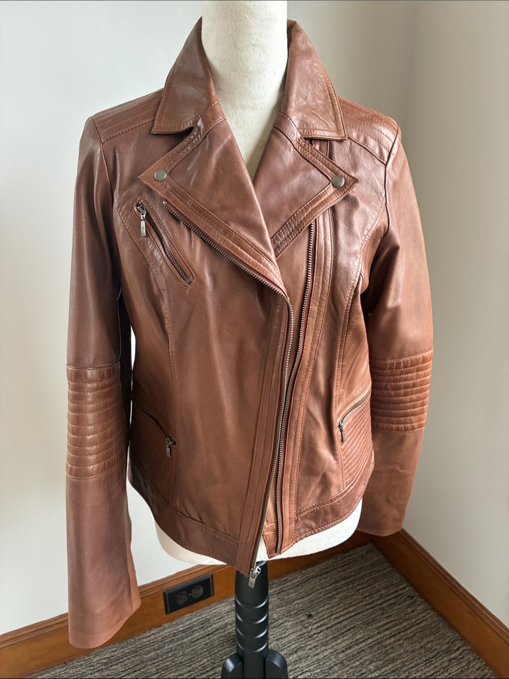 Cole Haan Cognac Brown Leather Moto Jacket